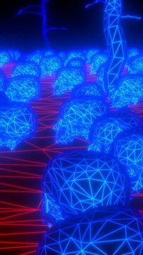 Seamless animation wireframe lowpoly cemetery with trees, tomb stones, skulls and skeletons. Halloween videogame themed visuals for parties and events.