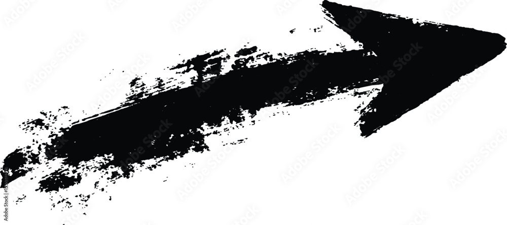 Poster Black arrow painted with splashes isolated on white background. Black arrow marker isolated with a hand-drawn effect on a white background. 