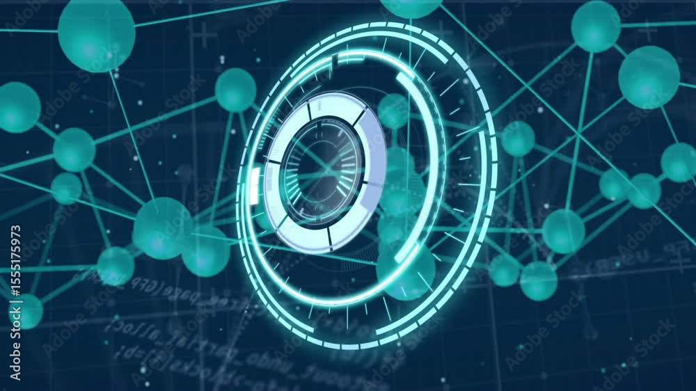 Poster Upon startup central HUD spinning clockwise while 3D network nodes pulsing visualizing data flow