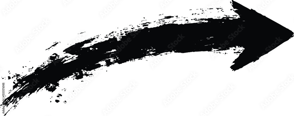Poster Black arrow painted with splashes isolated on white background. Black arrow marker isolated with a hand-drawn effect on a white background. 