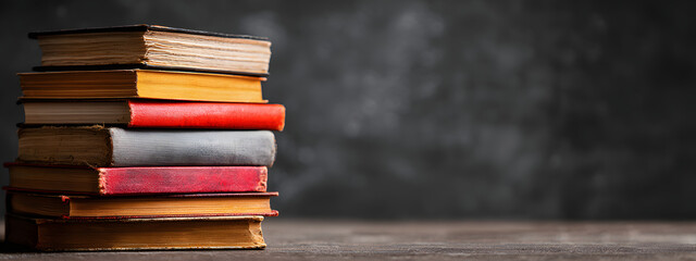 horizontal image of a top view of a stack of books Dark background with copy space for text. World Book Day concept. For banner, design, cover, thumbnail, social media, business, linkedin, presentat