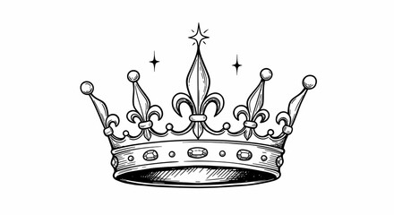 Elegant Crown with Ornate Details and Sparkling Stars in Black and White Line Art