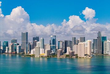Fototapeta premium Aerial view of Brickell skyline in downtown Miami. Skyscrapers above Miami. Scenic panorama of Brickell financial district. Brickell in Miami city. Brickell Urban landscape with buildings cityscape.