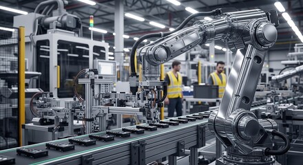 Industrial robotic arm on assembly line automation technology concept
