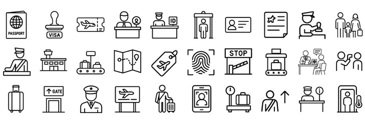 Immigration and Border Security Line Icon Set — Passport Control, Visa, Customs, Identity Check, Travel Documents, and More.