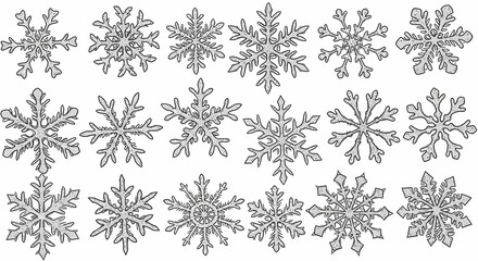 Set of Silver Snowflakes with Intricate Patterns on White Background for Winter Holiday Decorations