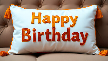 "Happy Birthday" written in red and orange on a soft cushion, creating a festive and cozy look.
