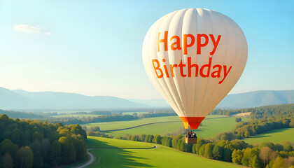 A big air balloon with "Happy Birthday" in orange flying over lush green fields, creating a joyful and scenic celebration scene.