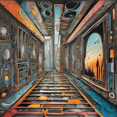 Vibrant Mirror Dimension in Charcoal Drawing Style