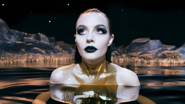 A glamorous fashion surreal video, a beautiful model with wet hair and bright makeup emerges from the water and looks mysteriously into the camera
