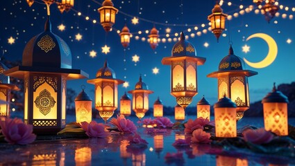 Obraz premium Isolated PNG of Ornate Crescent Moon, Stars, and Lanterns for Eid Mubarak – Ideal for Islamic Culture, Celebration, and Religious Digital Art