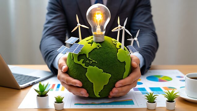 Businessman holds a globe covered in grass with solar panels and wind turbines symbolizing renewable energy and environmental responsibility