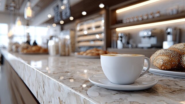 A cappuccino rests on a marble counter while a barista prepares fresh pastries in a lively coffee shop atmosphere - Powered by Adobe