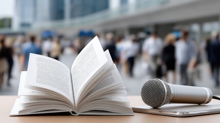 Fototapeta na wymiar Close-up view of a microphone and an open book on a table during a lively reading event at a bustling book fair