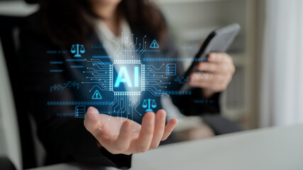 AI circuit microchip with glowing blue lines, surrounded by legal scales, warning symbols, data...
