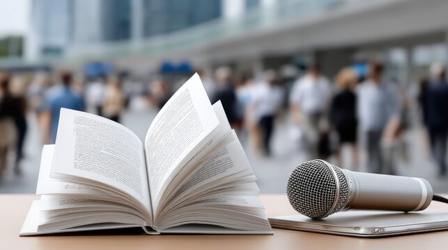 Close-up view of a microphone and an open book on a table during a lively reading event at a bustling book fair