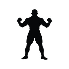 Silhouette of muscular man flexing arms in shorts against white background