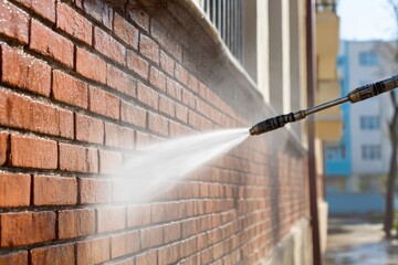 Pressure washer cleans brick facade wall house. Water stream removes dirt, grime. Pro exterior cleaning residential home, improving look property. Power washing service offers maintenance
