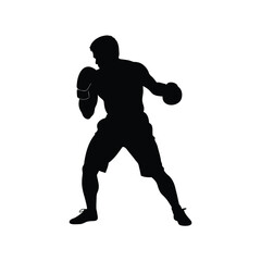 Silhouette of a Boxer in Fighting Stance with Gloves on White Background