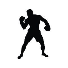 Black silhouette of muscular boxer in ready stance with boxing gloves