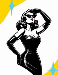 Retro Woman in Black Dress, Sunglasses, and Gloves