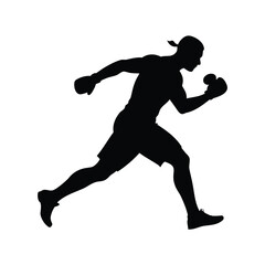 Silhouette of an athlete running with boxing gloves on white background