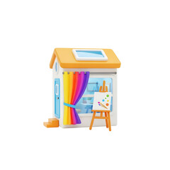 Obraz premium A vibrant 3D rendered art studio with colorful rainbow curtain easel and canvas. The illustration showcases a charming building with a window and a warm inviting atmosphere. 