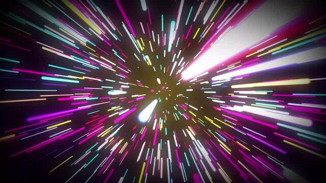 Colorful hyperspeed light streaks in abstract sci fi space tunnel