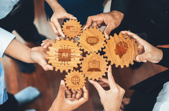 Collaborative Approach to Artificial Intelligence in Business and Technology: Wooden Gears Symbolizing Progress and Innovation in a Team Setting. Amity - Powered by Adobe