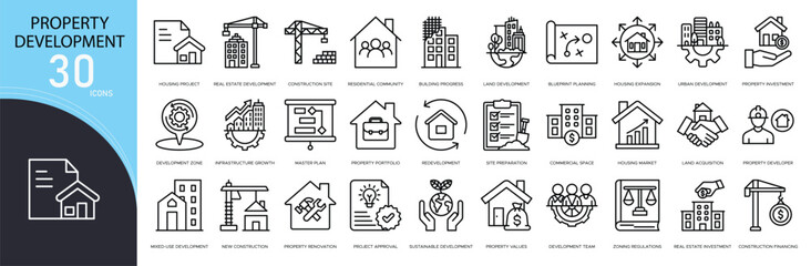 Property development related icon collections. Containing land, building, blueprint, permit, planning, site, real estate, investment, design, and project icons. Outline icons.