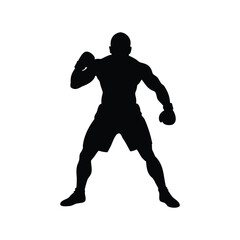 Silhouette of a muscular boxer in stance ready to fight, on white