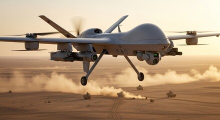 HighAltitude Military Drone Flying Over Desert Terrain at Sunset