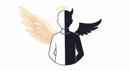 Digital Illustration of an Angel and Devil Half Human Figure with Wings and Halo