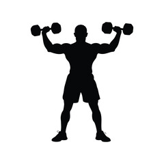Silhouette of a muscular man lifting dumbbells in a powerful pose