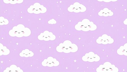 Whimsical purple background featuring cute smiling clouds, perfect for playful and cheerful designs.