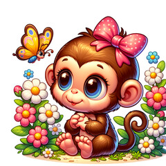 Playful Primate: A cute cartoon monkey with a big bow, surrounded by flowers and a butterfly, exuding an irresistible charm and playful spirit.