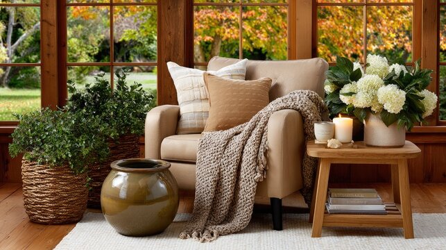 Bright sunlight fills the cozy living room featuring a plush bean bag chair, plants, and a warm, inviting atmosphere