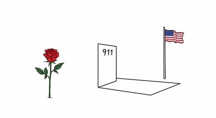 Red Rose and American Flag with Emergency Number Sign on White Background