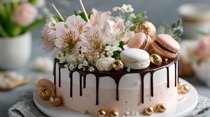 Pink cake showcases elegant sugar blossoms and macarons, embodying vintage aesthetic simplicity and exquisite detail