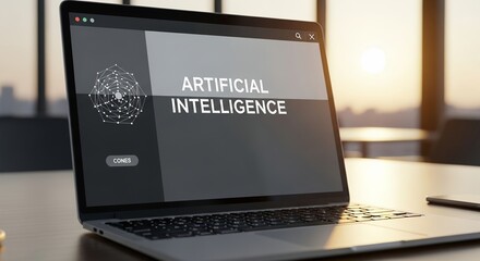 Laptop screen displaying artificial intelligence concept network graph modern technology