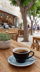 Fototapeta premium Barista skillfully makes cappuccino at a coffee shop with a view of the lively town square featuring a church and trees