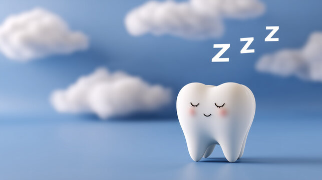 Sleeping cartoon tooth with clouds and zzz, dental care concept