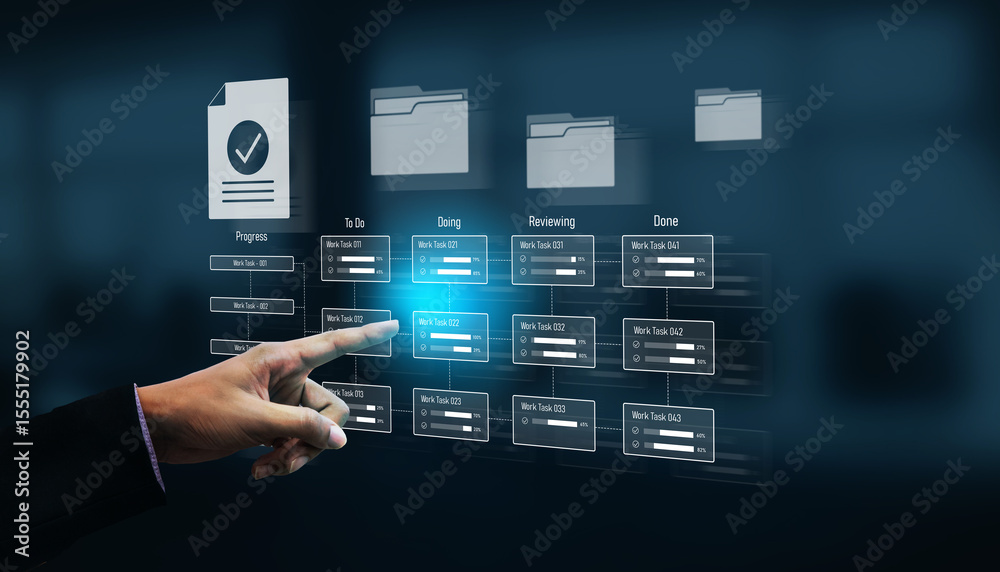 Poster task management workflow dashboard visualizing to-do lists, ongoing tasks, review status, and comple