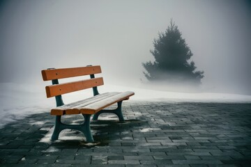 Solitary wooden bench in a snowy foggy landscape