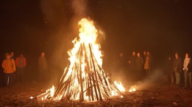 A large bonfire in the forest at night, a crowd of people around, folk festivals, or symbolic burning