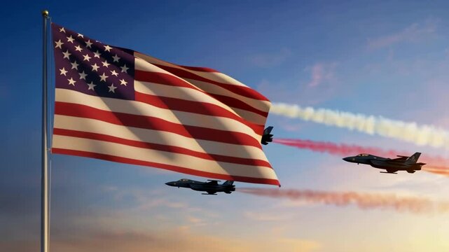 American Flag with Military Jets Flyover During Patriotic Air Show at Sunset
