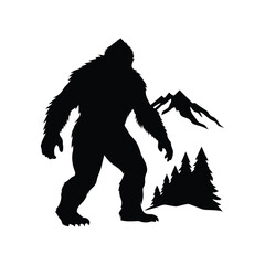 Bigfoot silhouette with mountain and forest background in a simple design