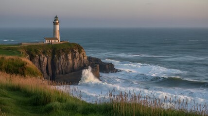 Majestic coastal lighthouse on a rugged cliffside overlooks the powerful ocean waves and a scenic landscape