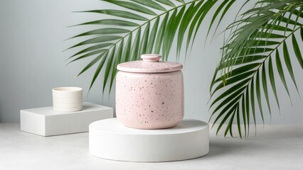 A pink ceramic jar with palm leaves isolated on white background