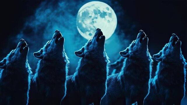 Wolves howling at the moon in a dark, atmospheric scene with blue lighting